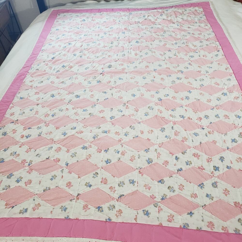 Handmade Baby Quilt 60x44 Pink Teddy Bears Diamond Patchwork Crib Nursery